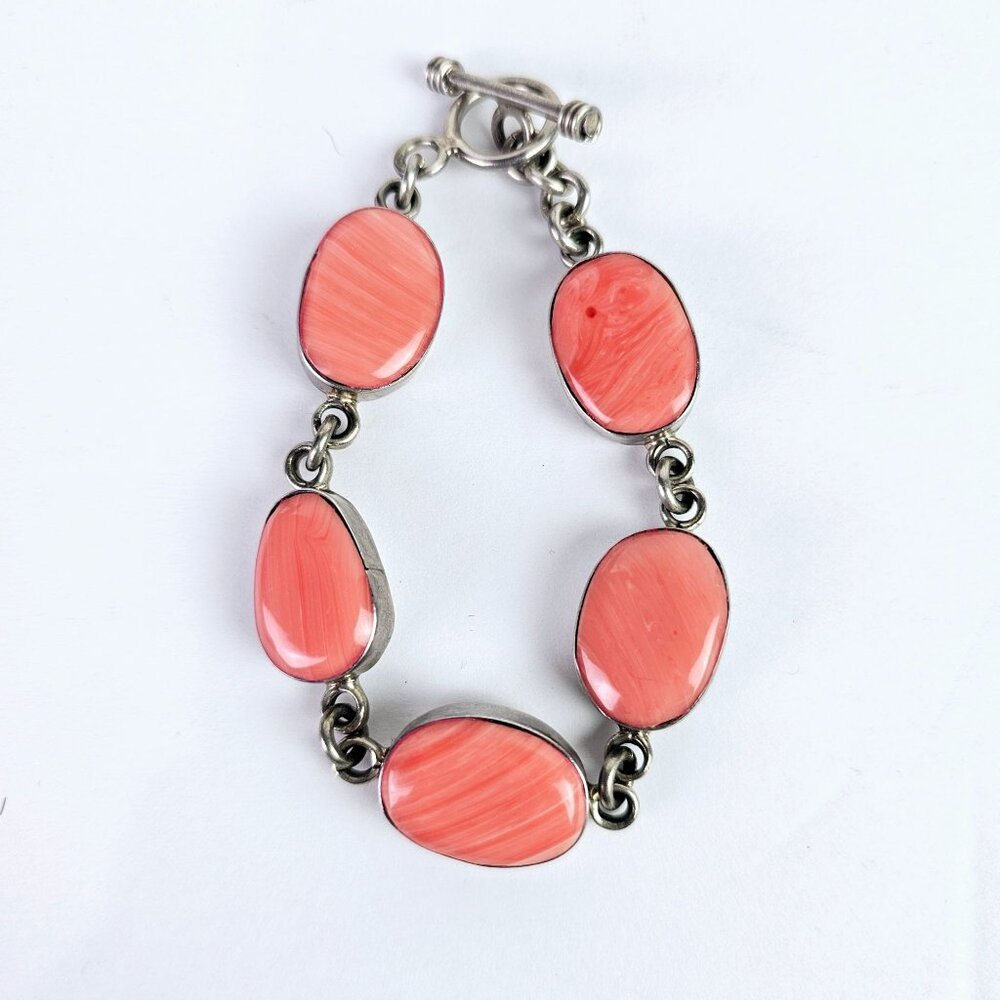 Vintage ATI Mexico .925 Silver Coral Toggle Bracelet, 7.5"